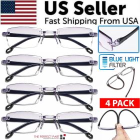 4 PK Mens Rectangular Rimless Blue Light Blocking Reading Glasses Unisex Readers (Magnification Strength: =+3.00 strength)